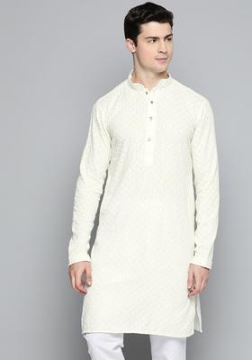 Beige Embroidered Cotton Kurta For Men