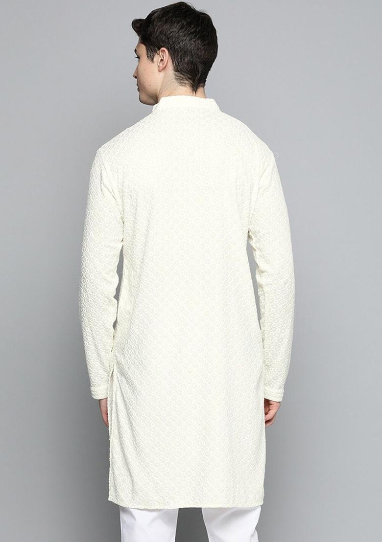 Beige Embroidered Cotton Kurta For Men - Indya