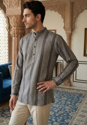 Grey Striped Cotton Kurta For Men