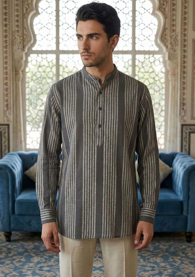 Grey Striped Cotton Kurta For Men - Indya