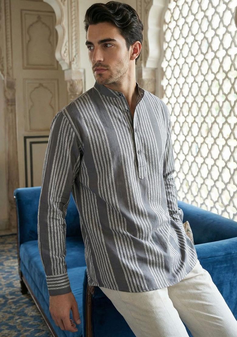 Grey Striped Cotton Kurta For Men - Indya