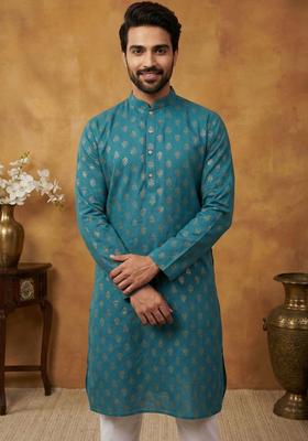 Blue Printed Cotton Kurta For Men