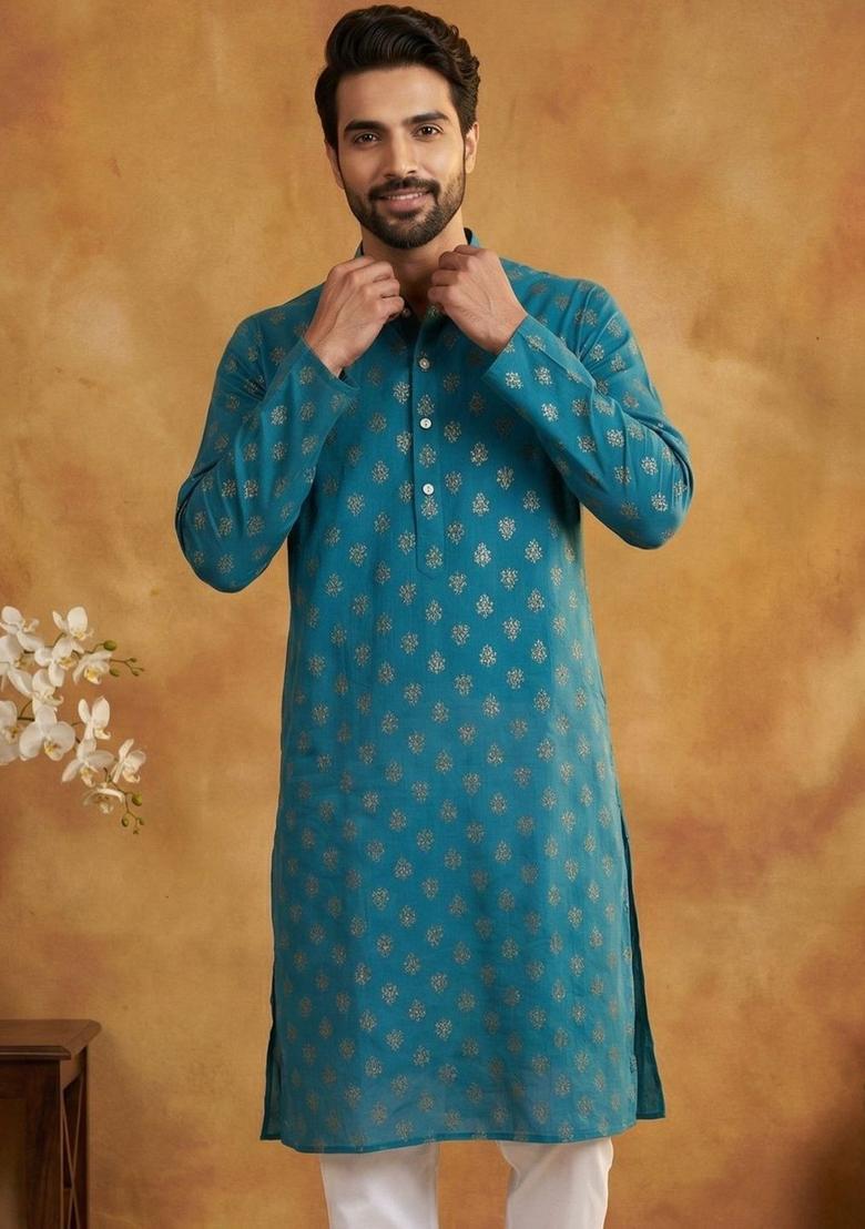 Blue Printed Cotton Kurta For Men - Indya