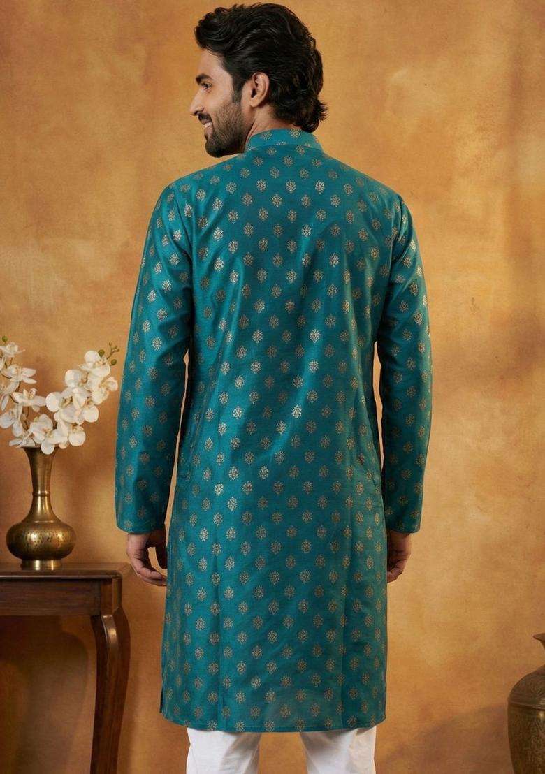 Blue Printed Cotton Kurta For Men - Indya