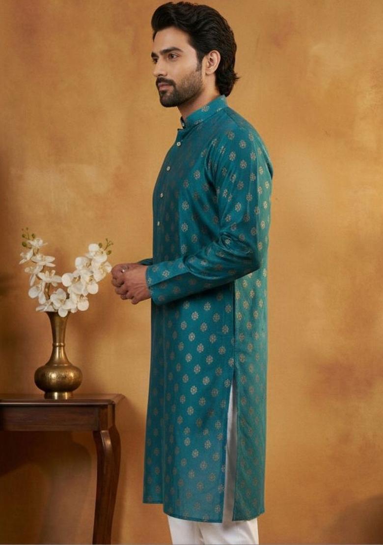 Blue Printed Cotton Kurta For Men - Indya