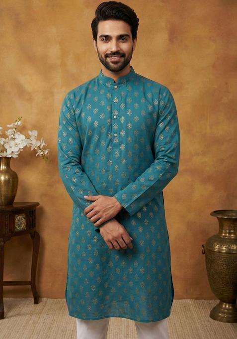 Blue Printed Cotton Kurta For Men