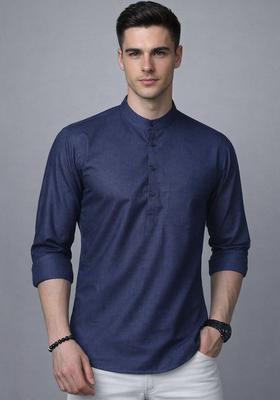 Blue Checked Cotton Kurta For Men