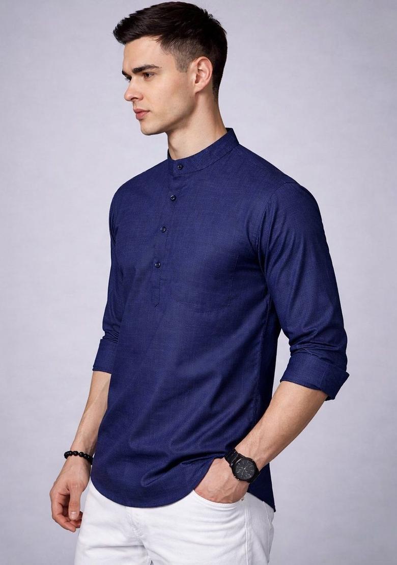 Blue Checked Cotton Kurta For Men - Indya