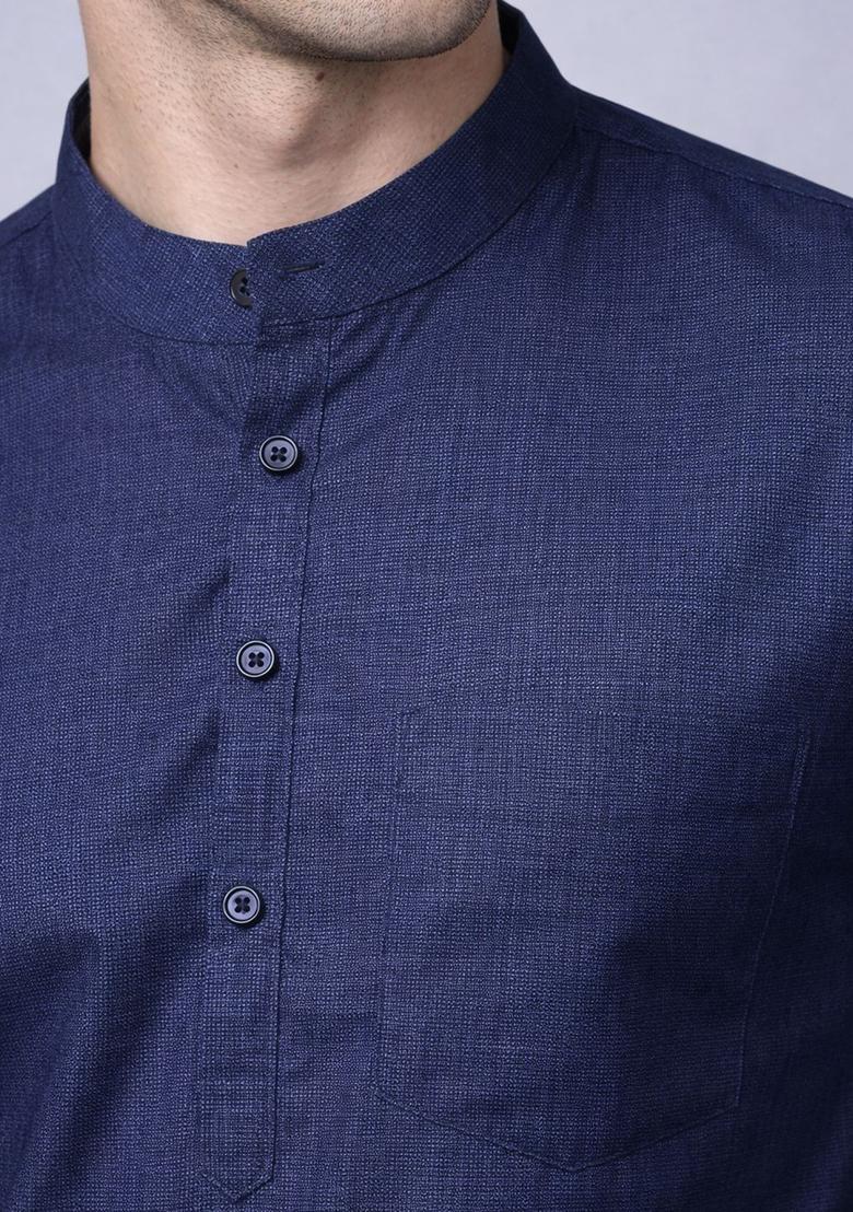 Blue Checked Cotton Kurta For Men - Indya