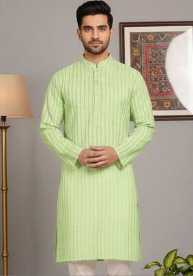 Green Striped Cotton Kurta For Men