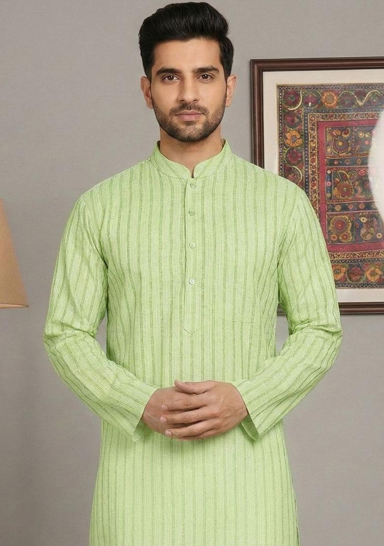 Green Striped Cotton Kurta For Men - Indya
