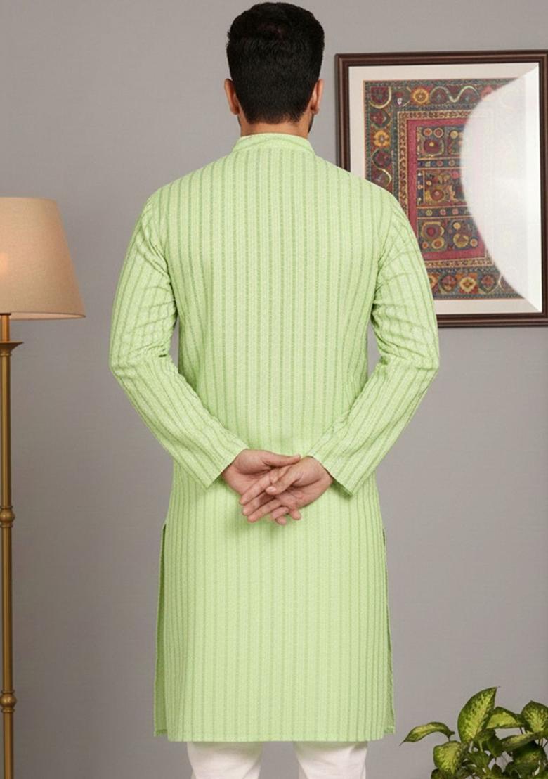 Green Striped Cotton Kurta For Men - Indya