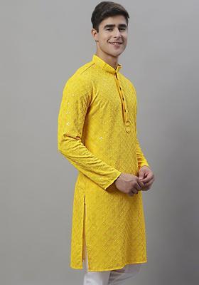 Yellow Embroidered Viscose Kurta For Men