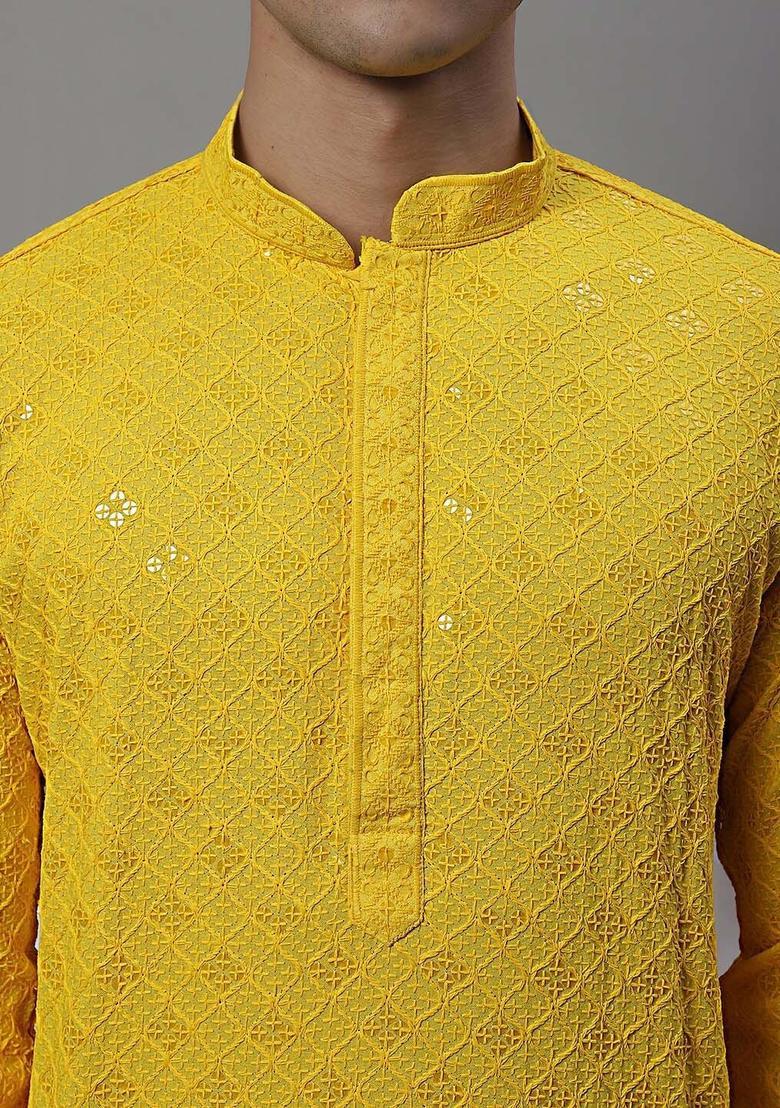 Yellow Embroidered Viscose Kurta For Men - Indya