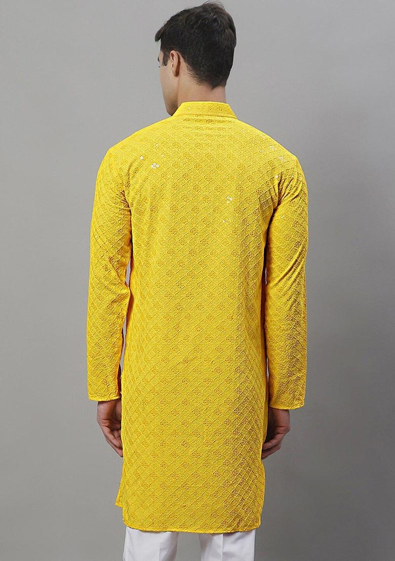 Yellow Embroidered Viscose Kurta For Men - Indya