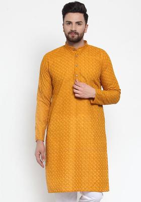 Yellow Woven Design Cotton Kurta For Men