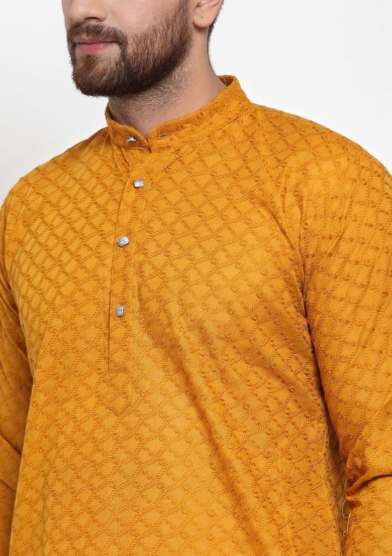Yellow Woven Design Cotton Kurta For Men - Indya