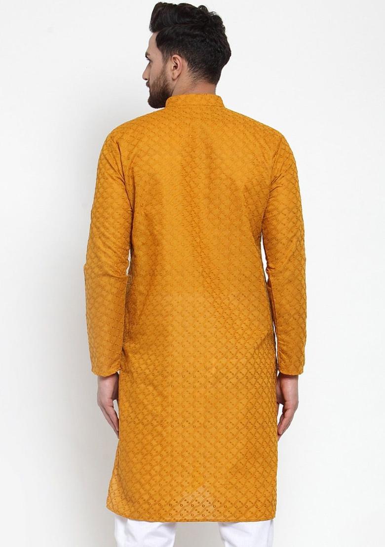 Yellow Woven Design Cotton Kurta For Men - Indya