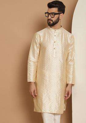Beige Embroidered Jacquard Kurta For Men