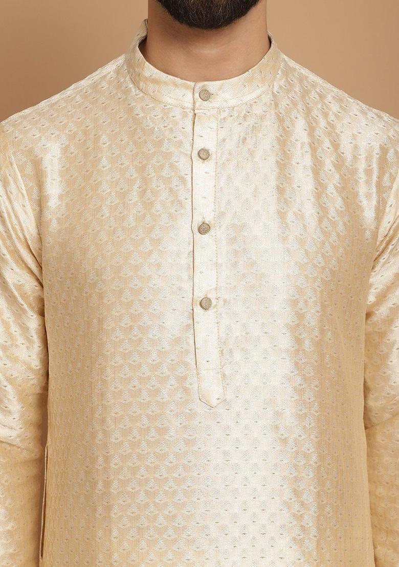 Beige Embroidered Jacquard Kurta For Men - Indya