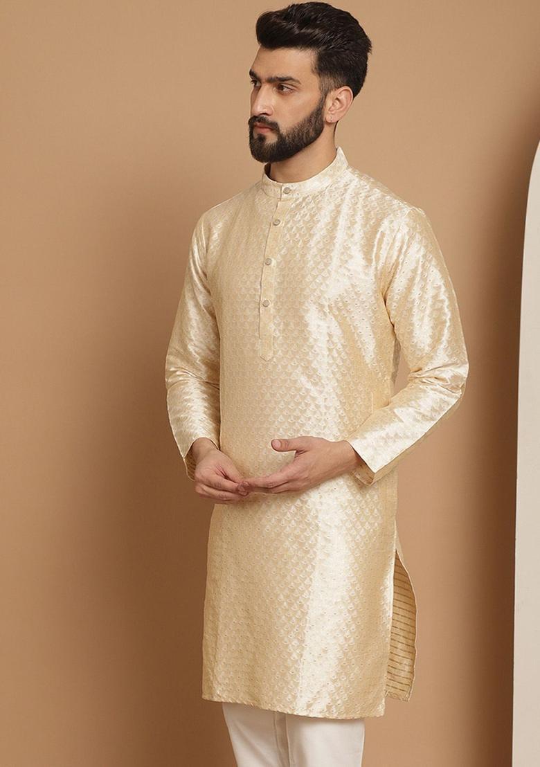 Beige Embroidered Jacquard Kurta For Men - Indya