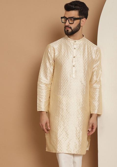 Beige Embroidered Jacquard Kurta For Men