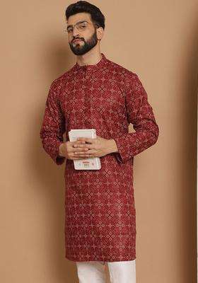 Maroon Printed Linen Kurta For Men