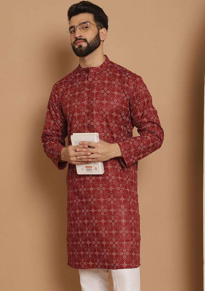 Maroon Printed Linen Kurta For Men - Indya