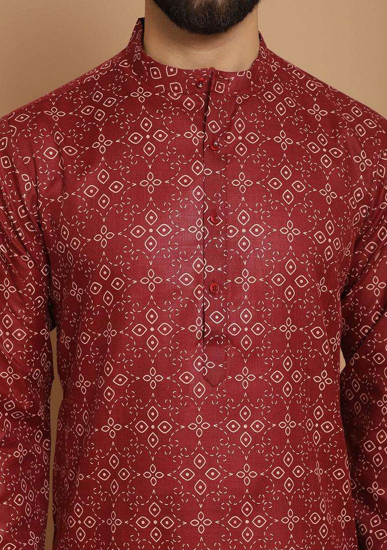 Maroon Printed Linen Kurta For Men - Indya