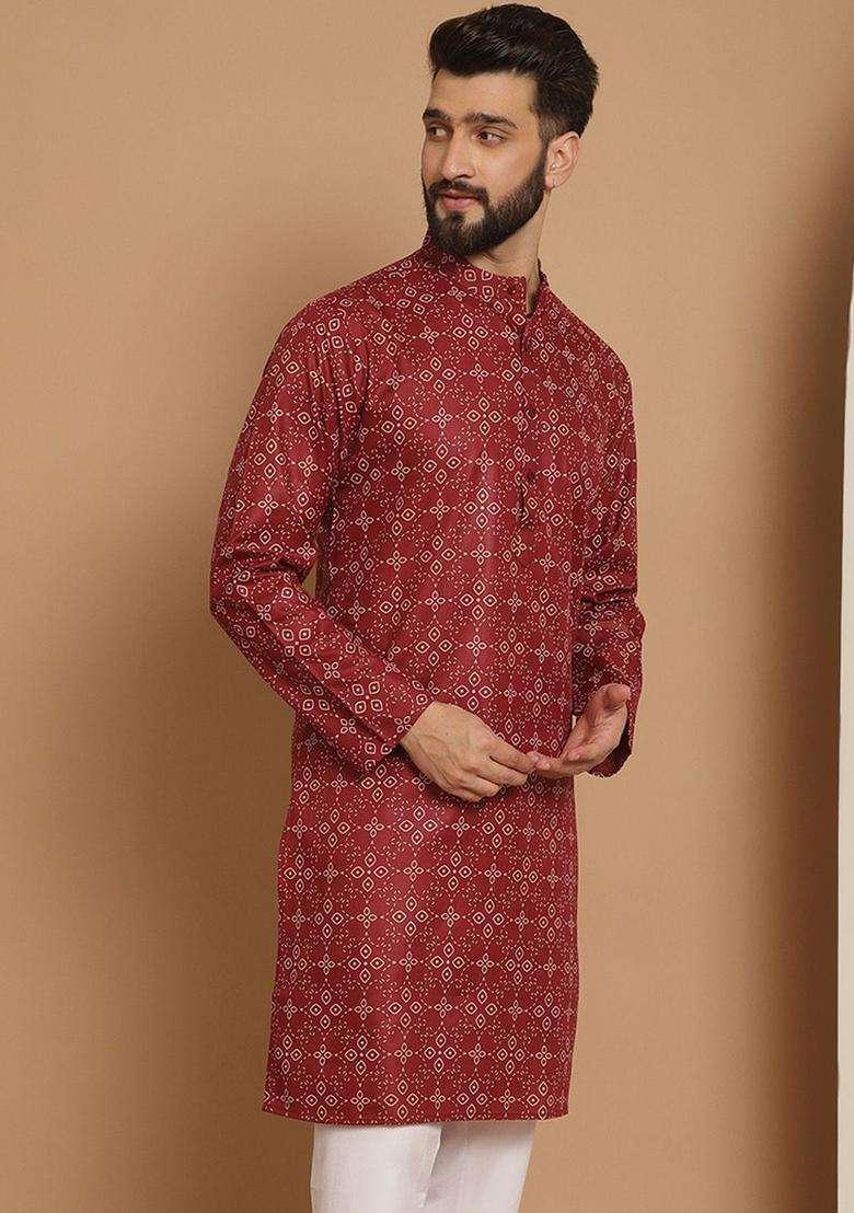 Maroon Printed Linen Kurta For Men - Indya