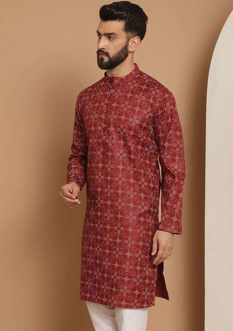Maroon Printed Linen Kurta For Men - Indya