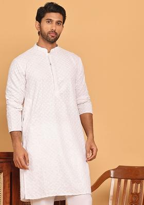 White Embroidered Viscose Kurta For Men