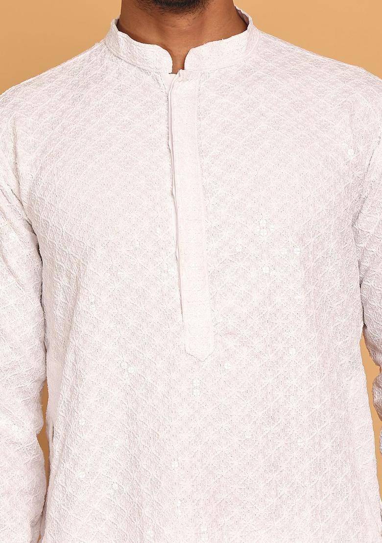 White Embroidered Viscose Kurta For Men - Indya