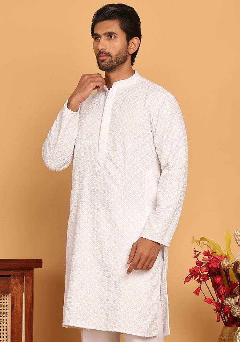 White Embroidered Viscose Kurta For Men - Indya