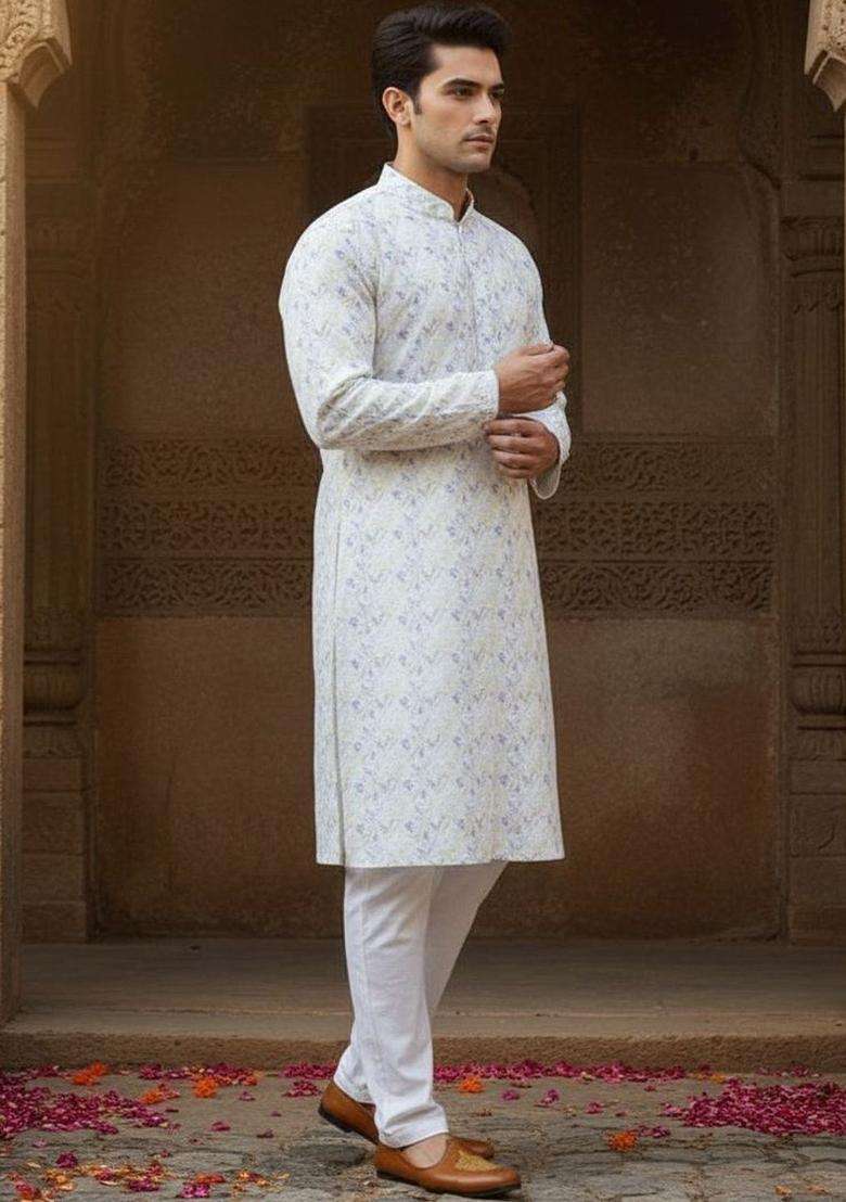 Multi Embroidered Jacquard Kurta For Men - Indya