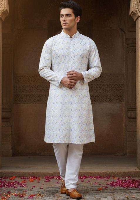 Multi Embroidered Jacquard Kurta For Men