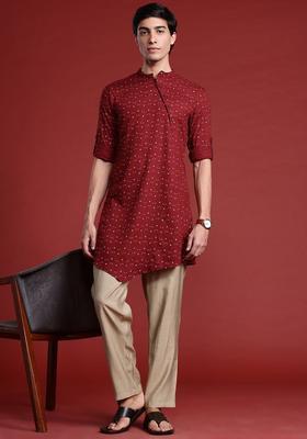 Maroon Printed Viscose Kurta For Men