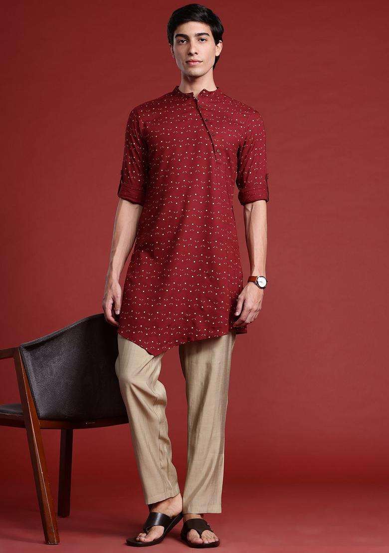 Maroon Printed Viscose Kurta For Men - Indya