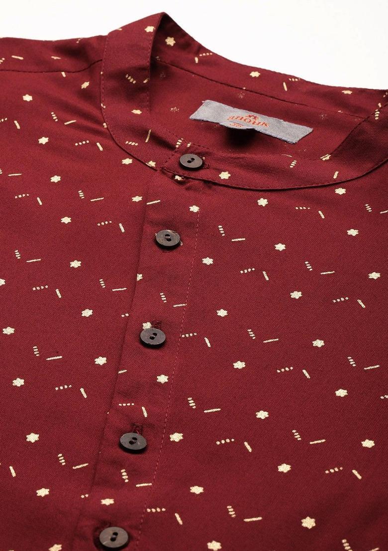 Maroon Printed Viscose Kurta For Men - Indya