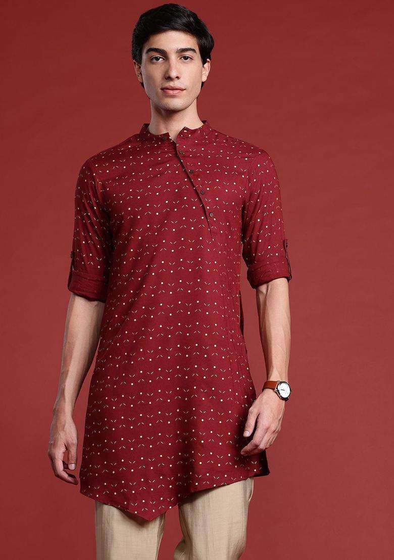 Maroon Printed Viscose Kurta For Men - Indya