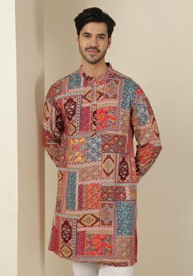 Pink Printed Viscose Kurta For Men