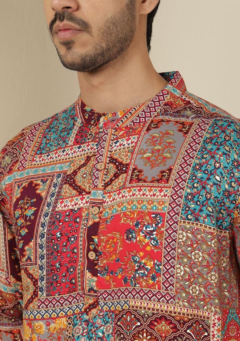 Pink Printed Viscose Kurta For Men - Indya