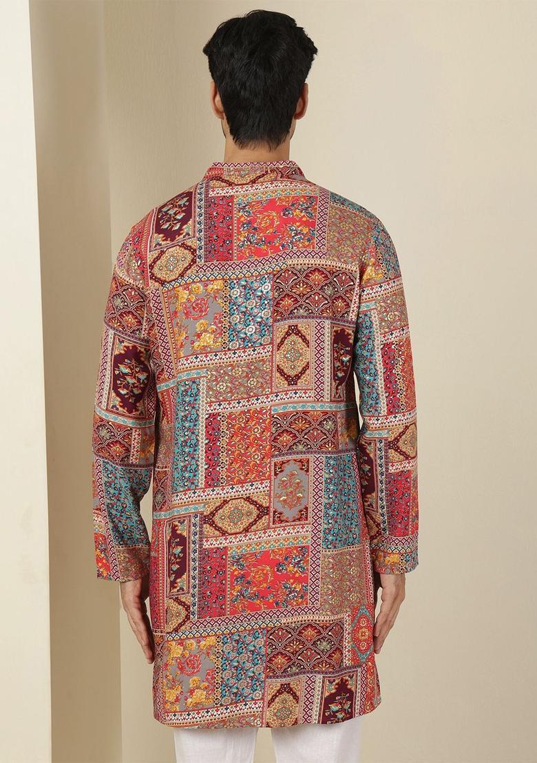 Pink Printed Viscose Kurta For Men - Indya