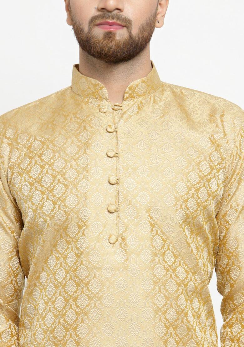 Gold Woven Design Silk Kurta For Men - Indya