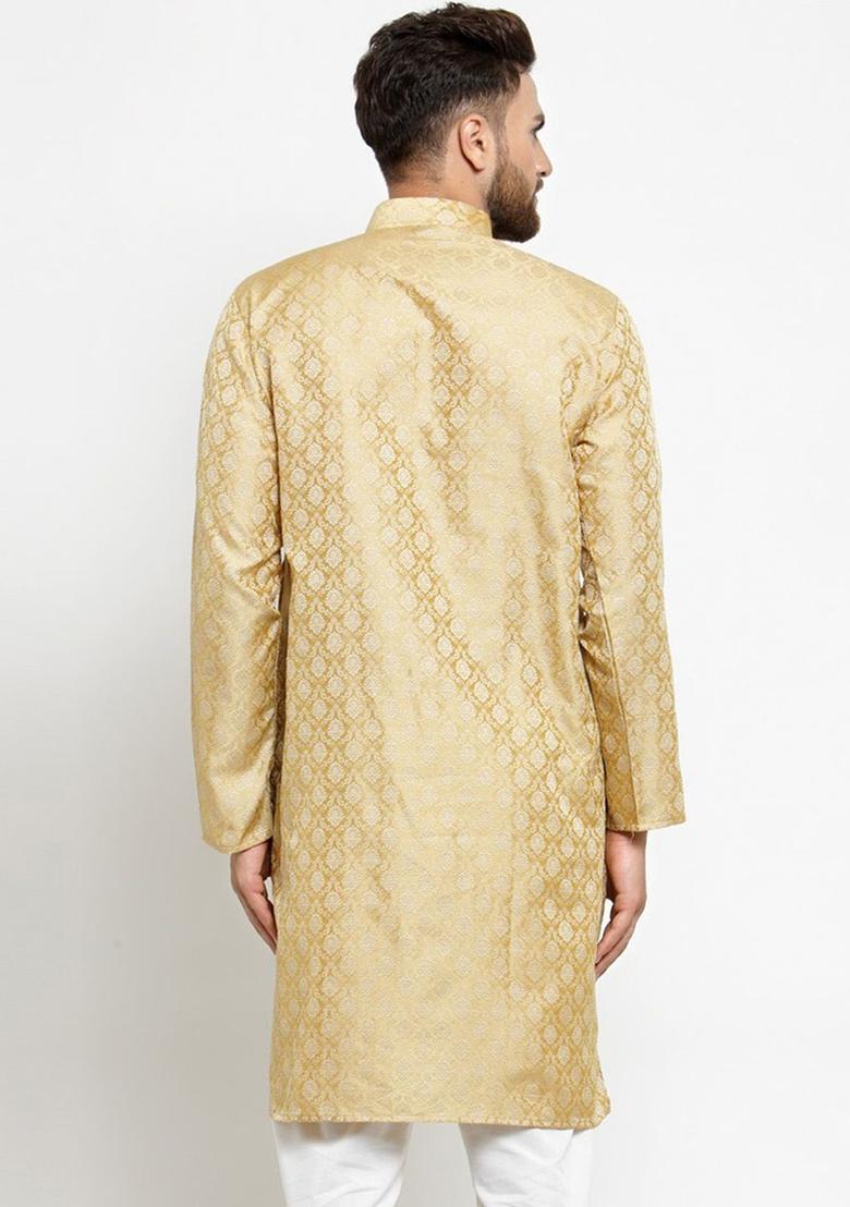 Gold Woven Design Silk Kurta For Men - Indya