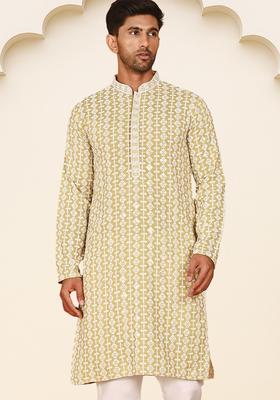 Yellow Embroidered Viscose Kurta For Men