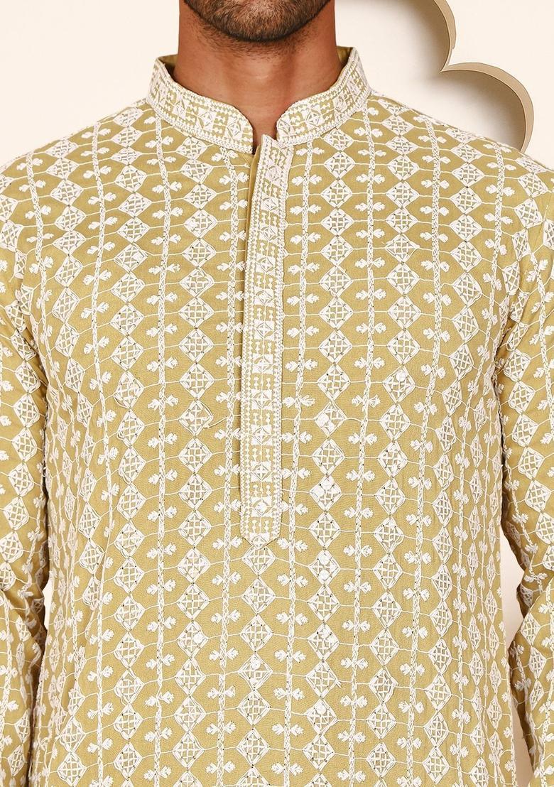 Yellow Embroidered Viscose Kurta For Men - Indya