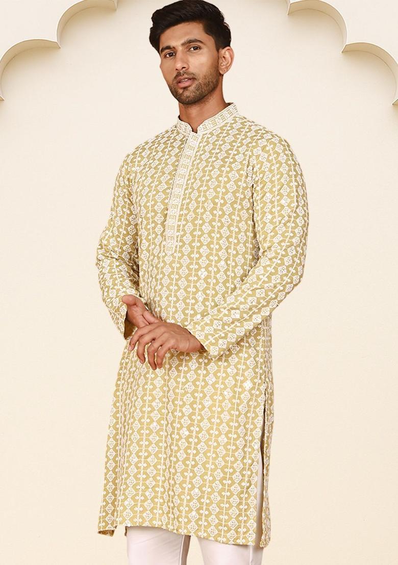 Yellow Embroidered Viscose Kurta For Men - Indya