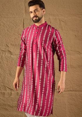 Pink Printed Silk Blend Kurta For Men