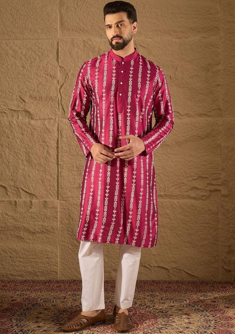 Pink Printed Silk Kurta For Men - Indya